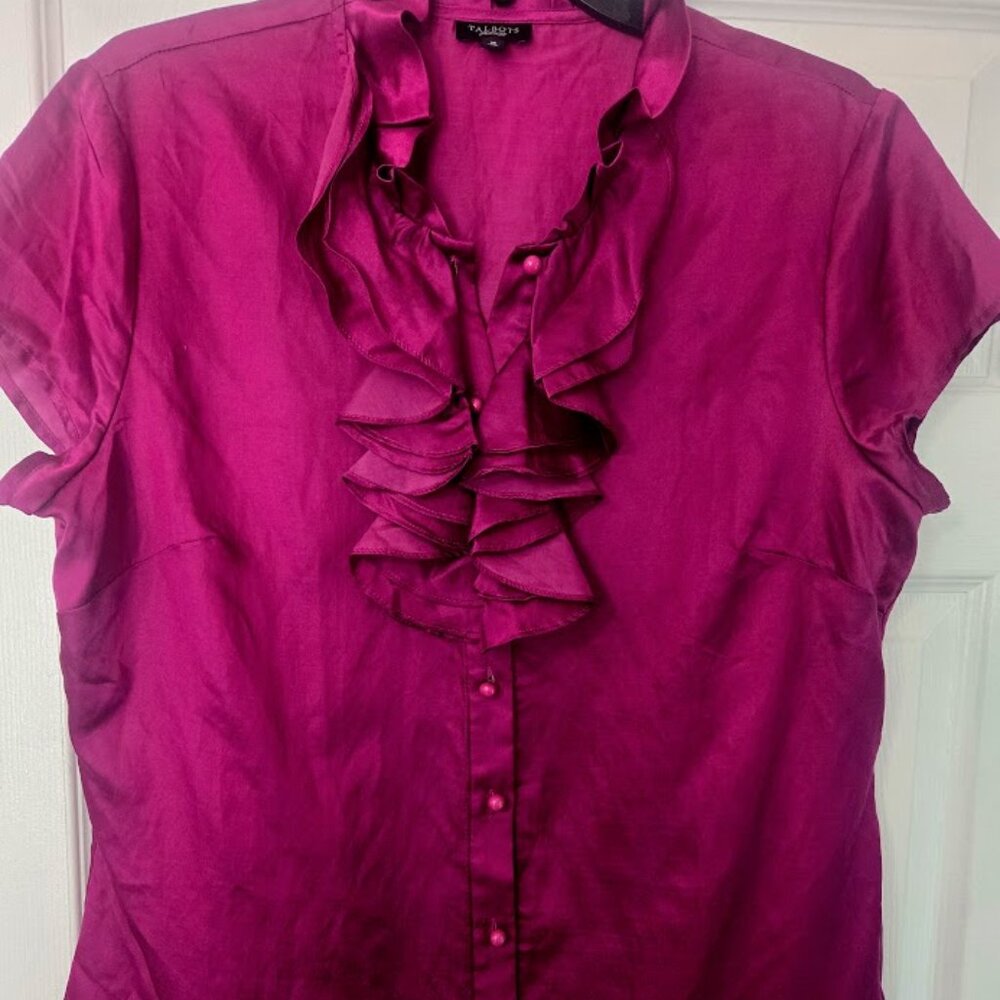 Talbots dark fuchsia silk/cotton ruffled blouse Size 16